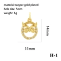 Detail showing 14mm copper gold plated owl pendant with white zircon and size specs - Owl Design/H-1