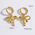 Golden bow pendant earrings in stainless steel with 34mm height and 20mm width - Bow Hoop Earrings / Gold
