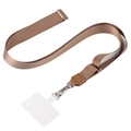 Detail of adjustable brown nylon phone lanyard with metal clip and clear card patch - Brown Flat Rope + Transparent Patch