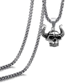 Punk style stainless steel chain necklace featuring a vintage skull ox horn pendant - Skull Bull Style