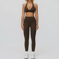 Conjunto de yoga marrón oscuro con sujetador deportivo halter y leggings de cintura alta - S / Sujetador+Leggings-Café Oscuro