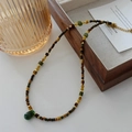 Tiger eye beaded necklace with a green teardrop pendant and vintage golden accents - Green Agate Necklace XL0316