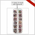 Detail of 12-grid nail art kit with assorted shapes and colorful resin rhinestones - 12 Types Mixed Color Rhinestones