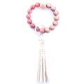 Pink and champagne beaded wristlet keychain with wooden bead and leather tassel - Style 11 (Pink Gold Leather Tassel)