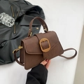 French style brown faux leather handbag with golden buckle and crossbody strap - Brown