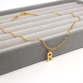 Detailed macro view of a gold-plated letter R pendant necklace in a soft velvet jewelry box - Letter R / Gold
