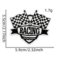 Close-up of black and white racing theme embroidery patch showing 5.9x5.5cm measurements - Racing Patch #13 (RACING Checkered)