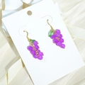 Elegant purple grape cluster earrings with green leaves and gold hooks on silk - Purple