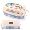 Blue and beige checkered canvas pencil pouch with large capacity and double zipper - 945 Blue/Beige Plaid