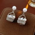 18k gold plated stud earrings with hanging pearl basket and zircon stones - Woven Flower Basket Pendant