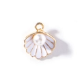 Golden shell pendant with white enamel finish and a single imitation pearl inlay - White Gold Plated