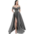 Elegant grey off-shoulder satin evening gown with high slit and plunging neckline - US 2 / Gray
