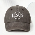Détail de l'imprimé blanc Jesus sur une casquette de baseball gris anthracite en coton délavé - café