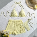 Detailed texture of yellow three-piece bikini with jacquard dots and side-tie shorts - S / Light Yellow