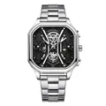 Men's oversized tonneau watch with black dial, date display and silver steel strap - Silver Case Black Face (Steel Band)