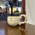 Irregular cream ceramic mug with hand-drawn pink heart and Love lettering on wooden table - Large Pink & Brown Heart Love Single Mug / Single Cup