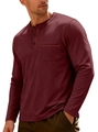 Men's long sleeve Henley shirt in deep burgundy with yellow contrast stitching and chest pocket - Burgundy