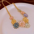 Vintage floral necklace with multi-colored daisy enamel petals and sparkling rhinestones - Colorful Enamel Flower Necklace