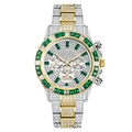 Luxury men's watch in silver and gold steel with green baguette crystal bezel and diamonds - Two-tone Gold Green Dial