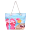 Close-up of tropical print beach bag with thick cotton rope handle and pink flip-flops - Style 8