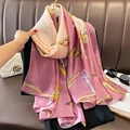 Elegant silk-like scarf with butterfly and chain print in pink and beige tones - Dusty Pink