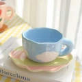 Sky blue clouds ceramic coffee cup and colorful wavy saucer creative tea set - 180ML / Blue Cloud