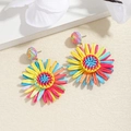 Handcrafted colorful raffia sun flower dangle earrings with vibrant woven petals - Bright Multi-Color Woven Sunflower Layered Drop Earrings