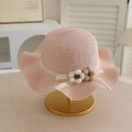 Pink straw sun hat for kids featuring white lace ribbon and handmade crochet flowers - Set-Pink