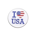 Circular metal badge featuring blue I Heart USA lettering and American flag pattern - I Love USA