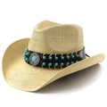 Chapeau de cow-boy en paille avec bande de perles turquoise et boucle argentée vintage - M(56-58cm) / Beige