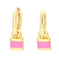 Detail of gold metal hoop earrings with pink enamel heart padlock charms on white background - Rose Red