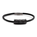 Detail of black leather bracelet with carved metal bead and magnetic clasp closure - Black Z