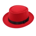 Detail of red wool felt boater hat with black satin ribbon and decorative bow ornament - Red