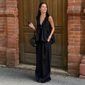 Completo in lino nero da donna con top senza maniche a balze e pantaloni ampi - S / Nero