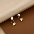 Elegant gold chain earrings with white pearl studs and hollow star charms for women - Gold Star Pearl Earrings