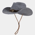 Western style straw cowboy hat with star emblem and adjustable chin strap for sun protection - Dark Blue
