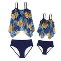 Detail view of parent-child two-piece tankini with blue tropical palm leaf print - S / Dark Blue Print