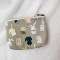 Mini floral canvas coin purse with cute cartoon rabbit print and vintage metal zipper - Grey Rabbit