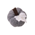 Grey knitted pumpkin ornament with brown twine stem and white felt leaf decor - Gray