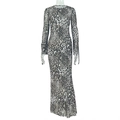 Detail of long sleeve leopard print maxi dress featuring round neck and cuff tie accents - S / Leopard Print