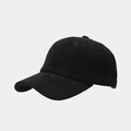 Close-up of black suede baseball cap with six-panel structure and curved brim texture - Black