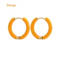 Close-up of 12mm orange enamel stainless steel hoop earrings with snap closure - Orange
