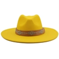 Yellow wide brim wool fedora hat with studded leather band for men and women - M (56-58cm) / Yellow