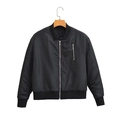 Minimalist black bomber jacket with silver zipper and ribbed collar on white background - S / Black