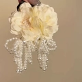 Sweet pale yellow floral earrings with cascading white faux pearl bow tassels - 9# Silver Earring Post - Yellow