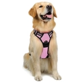 Close-up of bright pink breathable mesh dog harness with reflective strips and metal D-ring - Pink
