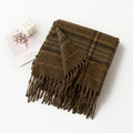 Classic plaid scarf in deep brown and forest green with soft tassels and elegant fold - Yellow-Green