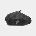 Detail of dark gray wool beret with white palm tree embroidery and classic top stem - Dark Heather Grey