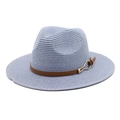 Detail of light blue straw fedora hat featuring a brown leather band and gold metal buckle - M (56-58cm) / Sky Blue