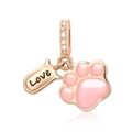 Detailed view of rose gold pet paw charm with pink enamel and Love tag pendant - CCT459-Love Paw
